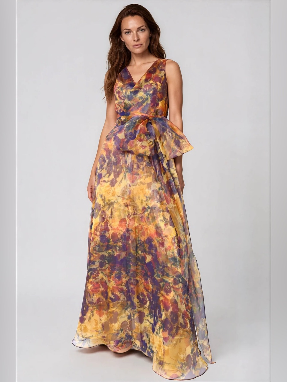 Mother of Bride/Groom Dress
Rene Ruiz Sheer Floral Maxi Dress in Gold/Navy/Plum